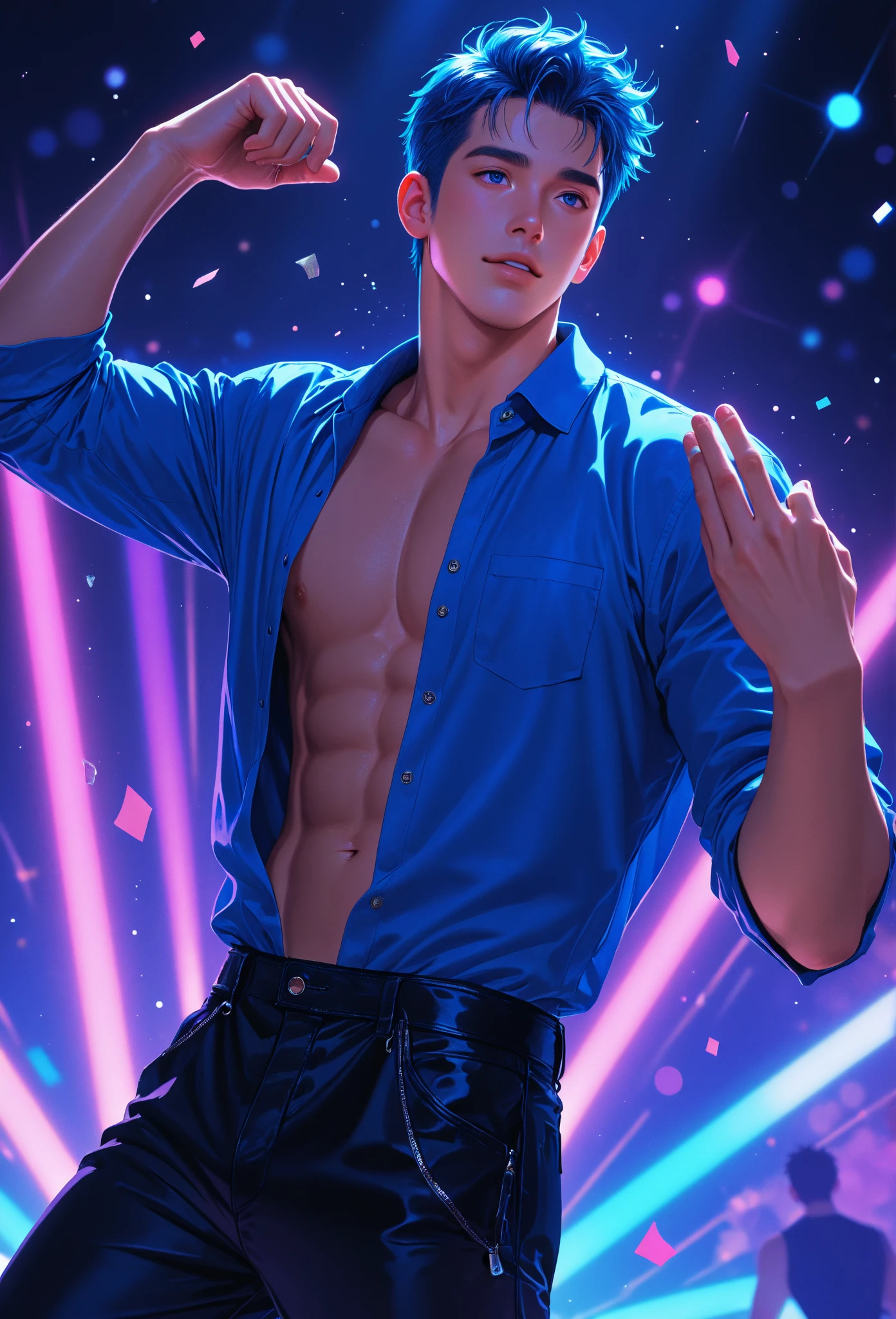 Five electric balls, one blue and one golden, anime boy with hands spread out, glowing spheres around the body, shirtless, athelic, detailed eyes, skinny leather pants, cowboy shot, action dynamic,