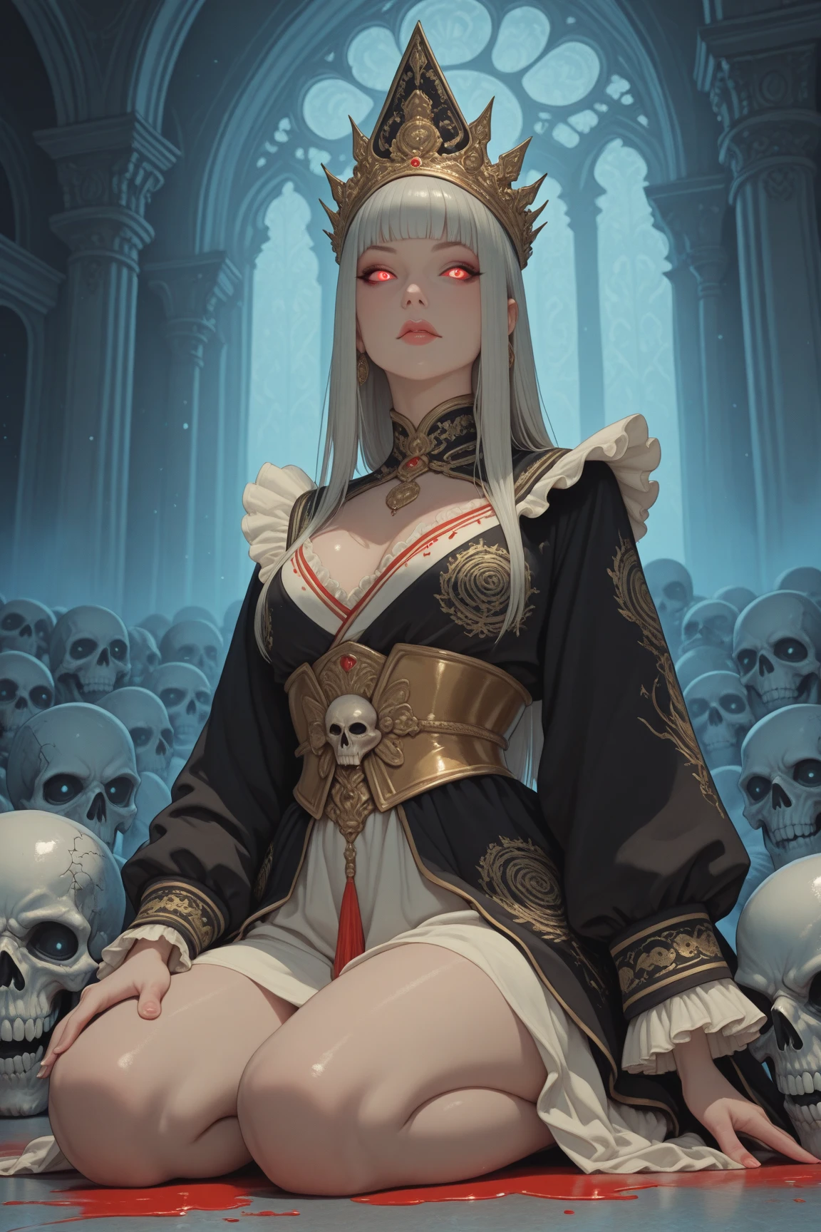 Tia is shown to have a fairly slender with busty figure. She has dark hair with a single lock of hair turned pure white , she has long voluminous hair and large pale green eyes, The woman is sitting on a throne made of bones and skulls looks like a queen from a fantastical dark world. It could be that skulls symbolize her overcoming the death and destruction of war, but She sits firmly and confidently as if she controls these forces rather than perpetrating them. Her skin is perhaps bronze from being in the sun in color, which enhances the cheerful and mysterious atmosphere of the picture. There may be a mysterious sparkle in her eyes, adding to her mysterious appeal. There may be a hint of sadness or depression in her face, showing a contrast between outward strength and inner weakness. The throne itself looks terrifying and spartan, made of crossed bones and scattered skulls. (There may be hordes of terrifying creatures, such as monsters and zombies gathered around the throne), enhancing the feeling of fear, isolation and power at the same time. The image creates a tension between beauty and horror, arousing curiosity and anxiety at the same time., cleavage exposed, big breasts, superior quality, many details, greg rutkowski