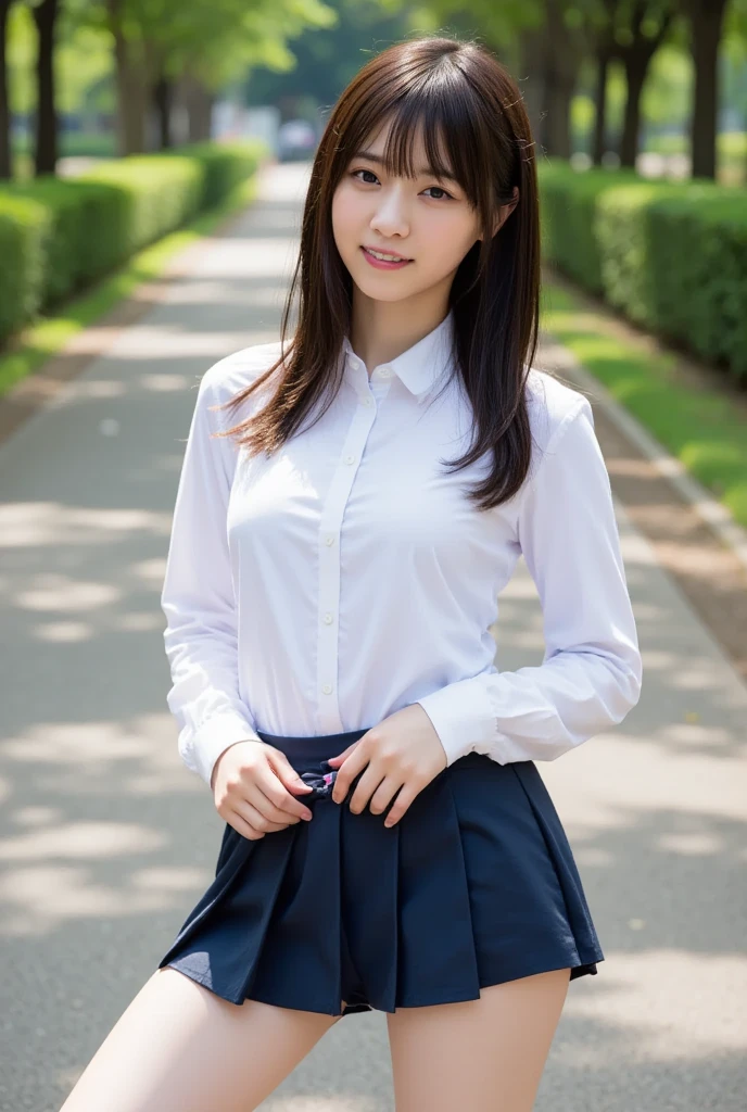 Spreading legs in black pantyhose、Navy blue pleated skirt、Hair Bun、smile、White panties、run-6500-v1.1, (RAW Photos:1.2), (Realistic), (Genuine:1.4), Elegant elite woman sitting with her knees apart on a park bench, 日本の学校uniformを着て,((Sit with your legs apart))、((not wear underwear))、 日本の女の子のuniform, 日本の学校uniform, wear a principal&#39;uniform, Young and cute gravure idol, Photos taken in 2020, Dressed like a high school girl, wear , wear a strict business suit, Young and thin gravure idol, seifuku　　　　　　　run-6500-v1.1, (RAW Photos:1.2), (Realistic), Beautiful detailed girl, Sit on a bench with your knees apart、(Genuine: 1.4), Very detailed目と顔, ((日本の学校uniform:1.2))、((City of night:1.2)), Self Snap, Instagram、game_Hmph, Large file size, High resolution, Very detailed, Highest quality, [masterpiece:1.6], Consciousness upward, Very detailed, Hmph, finely, Highest quality, 8k wallpaper, Cinema Lighting, 1 girl, 17 years old, Perfect figure, Cute droopy eyes、Beautiful big eyes、Pick finger, ((Tabletop)), Highest quality, 1 girl, eye shadow, Portraiture, ((Full Body Shot:1.4))、(とても愛情深いsmile:1.2)、Realistic skin texture、Glowing Skin、Exposed thighs!!!、not wear underwear