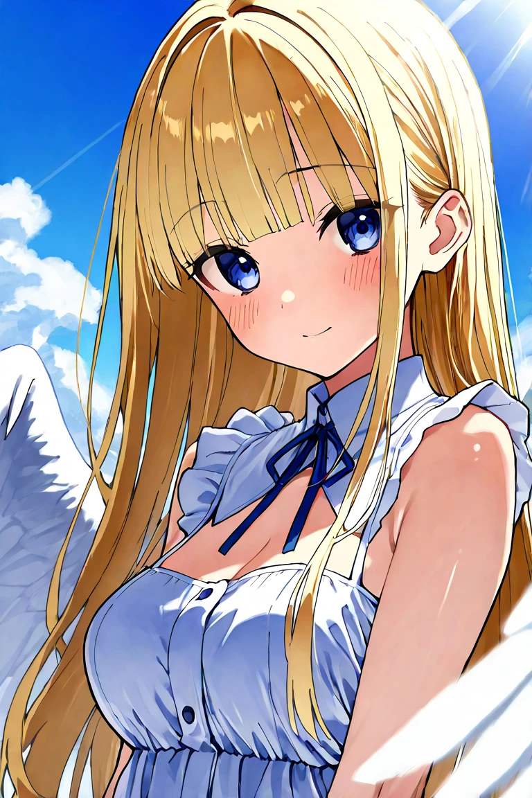 NSFW,((1 man and 1 woman,having sex)),lying down,vaginal penis,Filo, blonde hair, Ahoge, hair ornaments, flat chest, show off your nipples,bangs, long hair,angel wings, white dress, blue bow ,open mouth smile,best image quality,highest quality,white background,simple background
