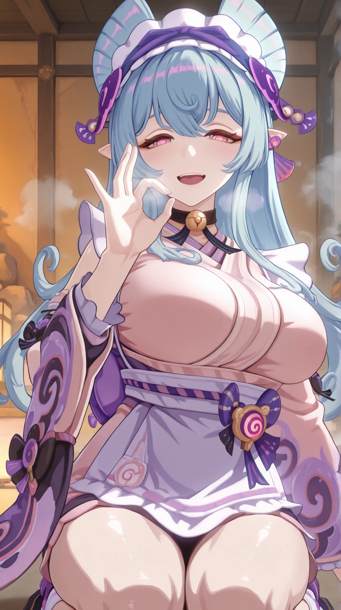 Score_9_up,Score_8_up,Score_7_up,1 Female,Huge Oppai, solo,long hair, blue hair, bangs, hair ornament, maid headdress, pointy ears, purple eyes,choker, neck bell, Wearing a Maid kimono, Perspired, Steam,Seiza,(Torogao),Seductive smile, blush,heavy breathing,Fellatio gesture,Yumemidukimizuki\(Genshin Impact\),vision_\(genshin_impact\),large_oppai,(Japanese Onsen),(Indoors),Shiny Skin,(Cowboy shot),(((Look at the viewer))),UHD, anatomically correct, masterpiece, textured skin, high details, absurdres, highres, 1080P, 16k, accurate,(From Side)