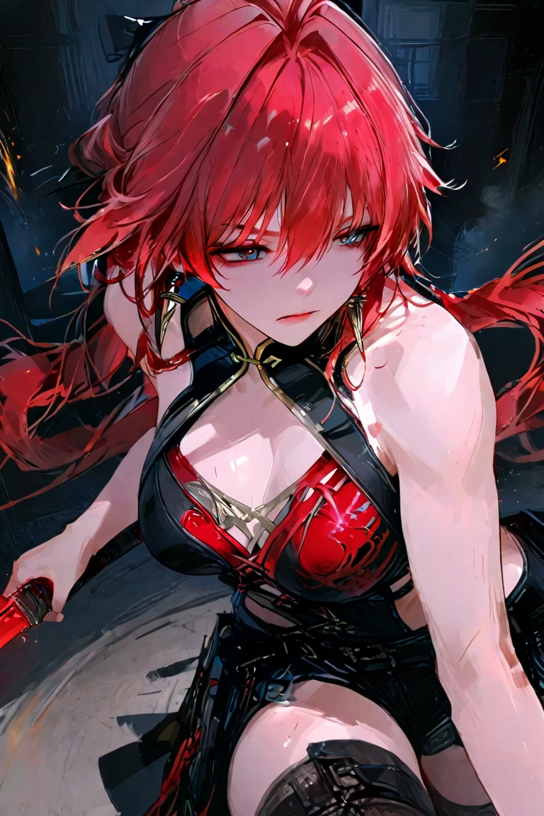 最high quality、best image quality、masterpiece、girl((20-year-old、 By becoming、vest bust、medium bust,wide open breast tea、shining eyes, glowing red hair、long hair、thin,highest valley、black and red suit、Wristband、black gloves、fighting pose、inflammation from the whole body、sharp nails、back view、Lock)),high quality、beautiful art、background((inflammation、volcano、magma、eruption、meteorite、bright red sky、firebird))、Flight、debris flies、Depth of written boundary、movie、visual art、perfect art、8K,genuine、