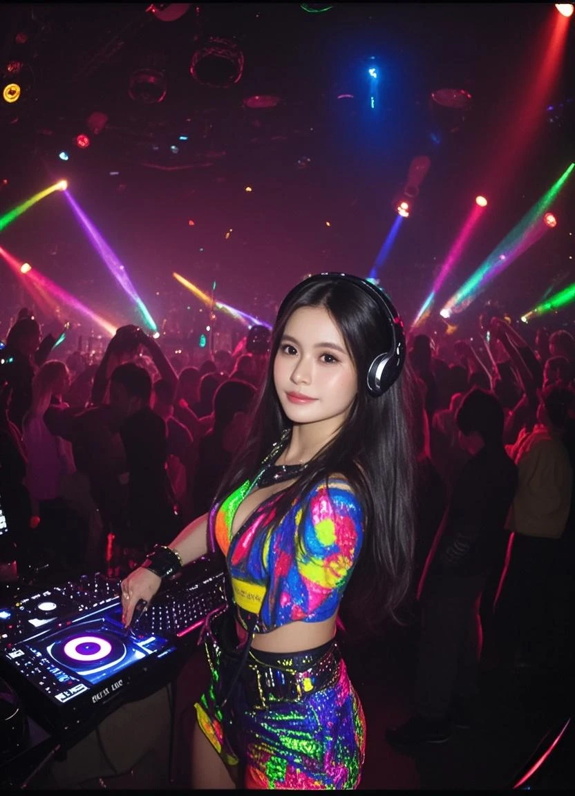 (ultra - detailed, 16K resolution, Cinema lenses, rendering by octane), (high resolution:1.18), intricate detail, (masterpiece:1.1), (highest quality:1.1), (1girl, portrait, white hair, blue eyes, long hair, detailed eyes),Wearing red DJ headphones, 1 malay-Indonesian girl, modern plain hot deep neck top and dupatta, shy, medium portrait, watery eyes, wearing red kebaya, ((big breasts)), well-proportioned body,, chubby massive thighs, Hena art on the body, hena art on arms , Smile while DJing on stage, The spotlight shines on the female DJ. Photorealistic photography by Disco Lighting, (cute round face:1.3),big breast, bigtit,perfect fingers, five fingers, beautiful hands, perfect hands. master peace, cute smile.