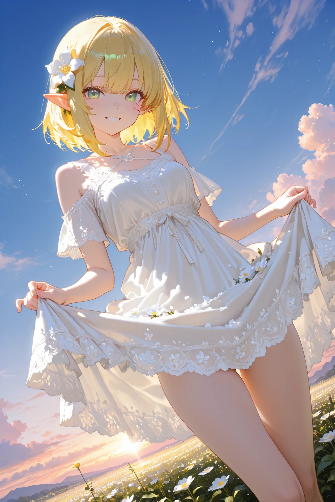 "(1girl:1.2), high-fidelity characters, bright and warm tones, full of realism, gorgeous white dress, bright eyes, shining white hair and purple pupils, accompanied by small animals full of personality, gorgeous rainbow beach , sunny weather, focus on the beauty of the skirt and skirt, with a sense of depth and transparency, touching the curves of the figure. Elegant lace skirt, beautiful scenery of the sea and the beach, the skirt is soaked in moisture , charming neckline outlined by perspective and light.", smiling, sweet, bare neck, necklace, pendant, suspenders, swimwear, sunny, daytime,