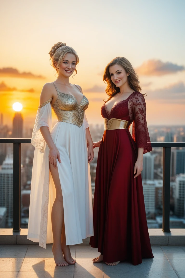 (Masterpiece, 8k, 16k, uhd, best quality, fantasy photograpy, epic imagination) ((Very detailed)), 2girls Swedish girls (cuddling, front to back:1.2) in a "empty gothic Cathedral", dressed in fine lingerie with lots of lace and shiny fabrics, beautiful, tender, the girls are kissing passionately, with her hands on her breasts, french kissing, film scene, cinematic lighting, rose dressees, red dresses, very long wavy blonde hair, woman blonde, big tits, no nude, no pornographic, erotic scene, all girls wear bras, smiling with lips parted and showing the tips of the incisor teeth.