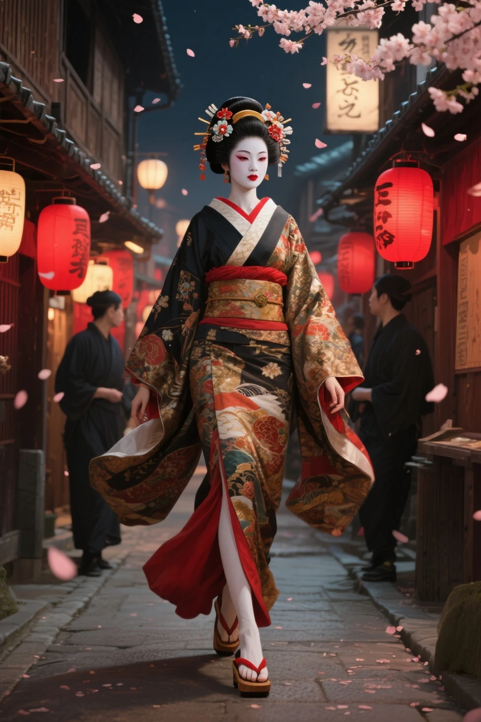 A high-class Oiran courtesan walking through the Yoshiwara red-light district during Edo period Japan (1603–1868), wearing an elaborate multi-layered kimono with rich patterns, an ornate hairstyle decorated with many kanzashi hairpins, thick white face makeup, bright red lips, and high wooden geta sandals. The background shows traditional wooden architecture, red paper lanterns, cherry blossom petals falling, and a nighttime atmosphere with warm ambient light. Her expression is elegant and distant, walking gracefully through the narrow street with attendants following her. Traditional Japanese art style or realistic style."