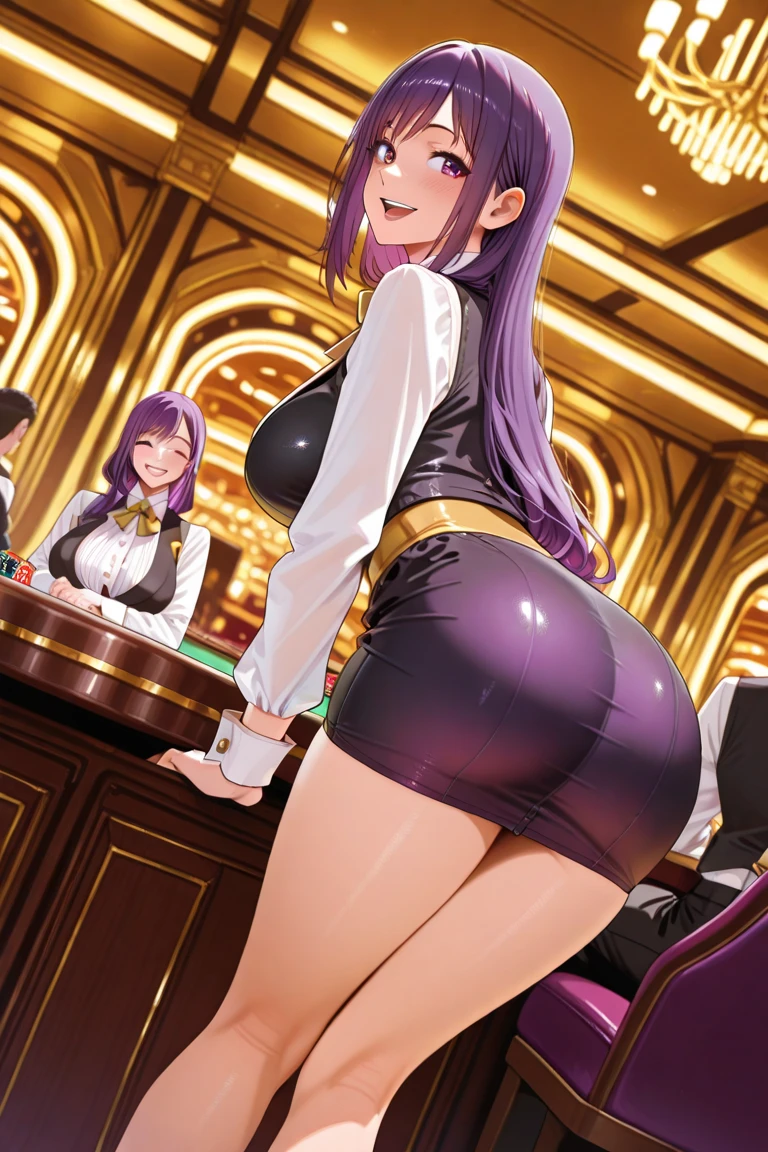 1 girl, alone, lady nagant, (masterpiece, best quality, ultra detailed, beautiful illustration), atmospheric perspective, depth of field, dynamic pose, curvy body, looking at viewer, (beautiful detailed eyes), detailed eyes, ( cowboy shot), sexy body, (indoor, night), 1 girl, neutral expression, mature woman, (huge breasts, medium waist, wide hips, medium thighs, round butt), Nagant, purple hair, purple eyes, multicolored hair , short hair, highlighted hair, pink hair, medium hair, bicolor hair,((dark purple Playboy bunny outfit:1.4)), ((black headband:1.3)),((black bunny ears:1.2)), sleeveless, ((wristbands)), bare back, (hands on waist: 1.2)), slight blush, (standing_), (black pantyhose: 1.2), thighs, bright pupils, white pupils, bangs, looking back ,from behind, ((focus on butt:1.4)),pov(from below),(inside a casino:1.5, leaning on a pool table:1.5, casino view:1.5, casino lights:1.5 ), perfect hands, perfect anatomy