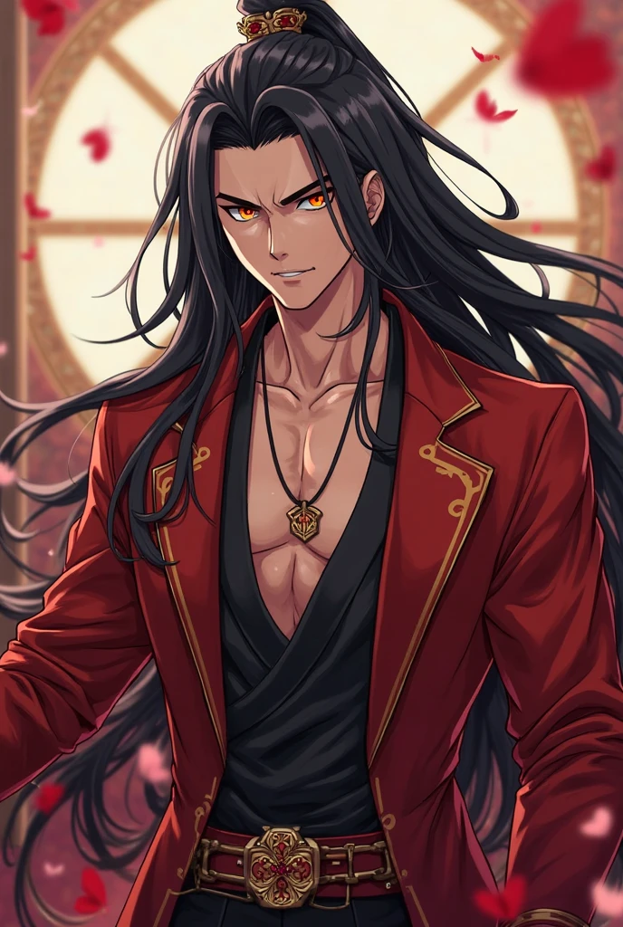 absurdres, highres, ultra detailed, HDR, master piece, best quality, perfect face, beautiful eyes, Luo Binghe, black long hair, without bangs, expressive red eyes, Scumbag System, solo, sexy man, handsome, red mark on the forehead, black and red robes, patterns, accessories, toned chest, red roses, red petals, glass stained window, glittering 