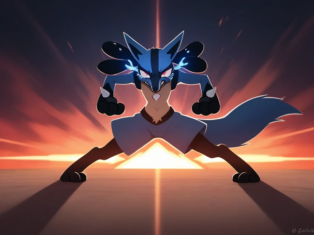 Lucario standing on a hill。A huge wave of blue energy was unleashed around it.、The surrounding area is surrounded by lush greenery.、The sky is a mixture of orange and purple hues。Energy waves are bright blue、Electric sparks are flying around。(animesque:1.2), (Dramatic Lighting:1.1), (vivd colour:1.3), (cellshading:1.1), (dynamic compositions:1.2)
Close-up of Pokémon character with black background, 
illustratio:sugimori ken, shutterstock, sots art, lucario, Portrait of Lucario, Lucario the Pokémon, new pokemon, similar to pokemon, Shadow, the fox-like evolution pokemon, 1285445247], intimidating pose