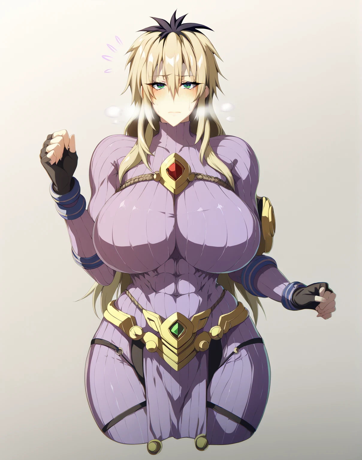 (puuzaki_puuna(punopupupu)-style:1.2), score_9, score_8_up, score_7_up, score_6_up, uncensored, miyako ishida, long hair, bangs, blonde hair, black hair, hair between eyes, green eyes, multicolored hair, two-tone hair, BREAK glow effects, godrays, Hand drawn, render, 8k, octane render, cinema 4d, blender, dark, atmospheric 4k ultra detailed, cinematic, Sharp focus, big depth of field, Masterpiece, colors, 4k, concept art, trending on artstation, Vivid colors, extremely detailed CG unity 8k wallpaper, trending on CGSociety, Intricate, High Detail, dramatic BREAK, 1girl, breasts, purple bodysuit, cosplay, gloves, solo, fingerless gloves, covered navel, bodysuit, rope, black gloves, huge breasts, ribbed sleeves, muscular female, japanese armor, loincloth, kote, pelvic curtain, blush, impossible bodysuit, large breasts, armor, muscular, looking at viewer, sweat, arm guards, curvy, abs, impossible clothes, embarrassed, forced closed mouth, blush, notice lines, sweating profusely,