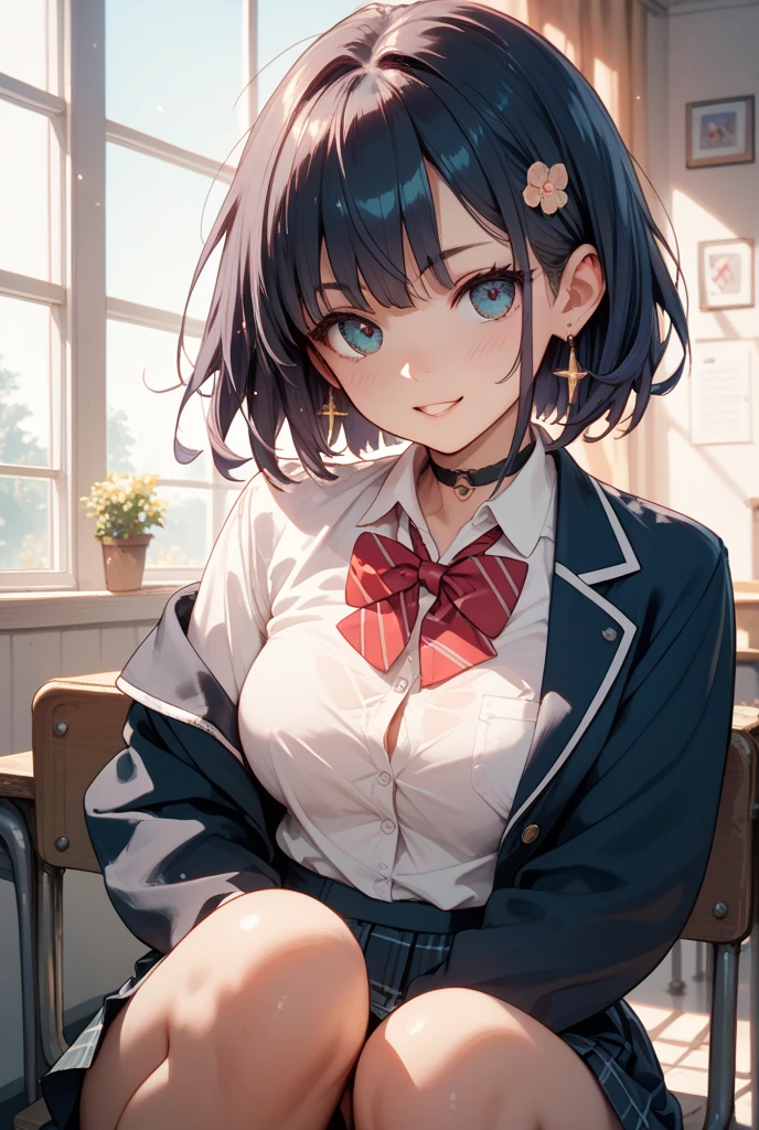 (masterpiece:1.2, top-quality), (realistic, photorealistic:1.4), beautiful illustration, (natural side lighting, movie lighting), nsfw,
looking at viewer, panty shot, front view:0.6, 1 girl, japanese, high school girl, perfect face, cute and symmetrical face, shiny skin,
(short hair:1.2, shaggy cut:1.2, dark blue hair), hair between eyes, purple eyes, drooping eyes, long eye lasher, (large breasts:0.6),
beautiful hair, beautiful face, beautiful detailed eyes, beautiful clavicle, beautiful body, beautiful chest, beautiful thighs, beautiful legs,
((symmetrical clothing, white collared shirts, light grey pleated skirt, red neck ribbon)), black socks,
(beautiful scenery), morning, school rooftop, squatting, (lovely smile, upper eyes),