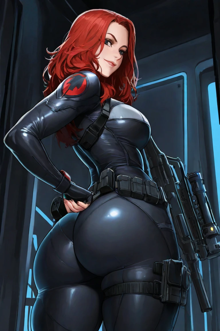 young girl, Pullover, whole body to see, long hair, (( very wide hips)), (((colossal Thighs, gigantic thighs, very huge thighs, very big thighs))), fullbody, high cut leotard , happy, moan, open mouth, holding gun, Battle, straight hair, big smile showing teeth, exited, Fishnets stockings, freckles, sleveless, shoulderless, freckled skin, redhead, Cyberpunk, fullbody, platform heels,