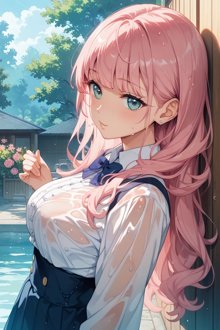 (masterpiece:1.3, top-quality, ultra high res, ultra detailed), (cleavage:1.4),(realistic, photorealistic:1.4), beautiful illustration, perfect lighting, natural lighting, colorful, depth of fields, surrealism,   (embarrassed,blush:1.3),
beautiful detailed hair, beautiful detailed face, beautiful detailed eyes, beautiful clavicle, beautiful body, beautiful chest, beautiful thigh, beautiful legs, beautiful fingers, shiny skin, 
looking at viewer, 1 girl, japanese, high school girl, (perfect anatomy, anatomically correct, super detailed skin), cute and symmetrical face, babyface, perfect face, perfect eyes, 
(middle hair, two side up, pink hair), crossed bangs, purple eyes, drooping eyes, big eyes, long eyelashes, (large breasts, seductive thighs, skindentation), slender, outstanding style, 
((detailed cloth texture, white collared shirt, blue pleated skirt, dark red neck ribbon), black thigh-highs, loafer), 
(beautiful scenery), late afternoon,hands on chest, (lovely smile, upper eyes, open mouth small),