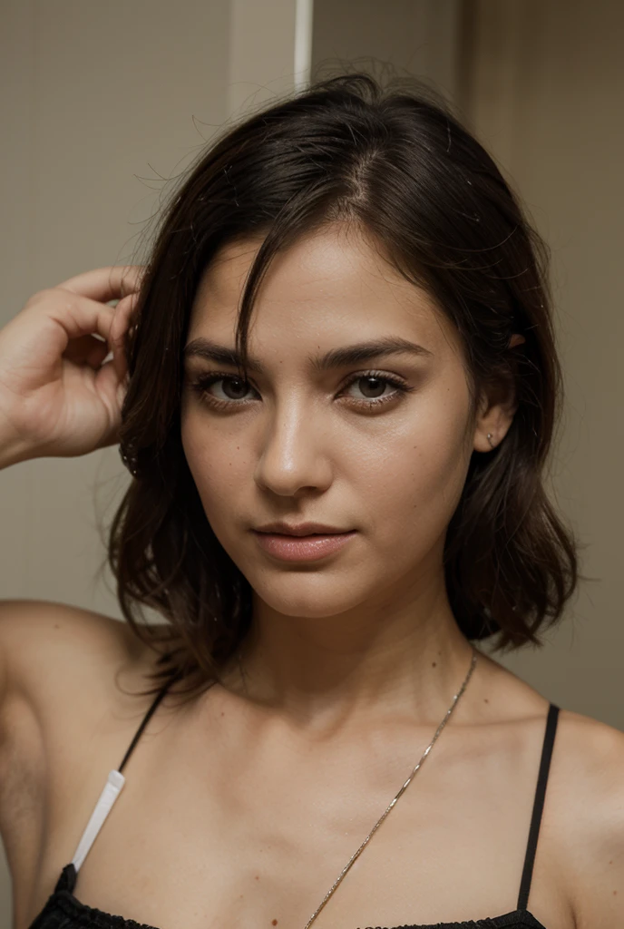 (masterpiece: 1.3), (8K, Realistic, RAW Photos, Highest quality: 1.4), (Woman in her 40s),Put your hand on your cheek, Shallow depth of field, Focus on the face, Soft Focus, Beautiful Face, (Backlight: 1.5), (Surroundings: 1.3), (Realistic Face), (Black Hair, Medium Short: 1.3),Hair blowing in the wind, Short bangs, Realistic eyes, Dark brown pupils, Pupil highlights, Beautiful details in the eyes, (Realistic Skin), Beautiful Skin, Pose with your hands on your face, Charm, 超High resolution, Ultra-realistic, High resolution, Golden Ratio,Nasolabial folds