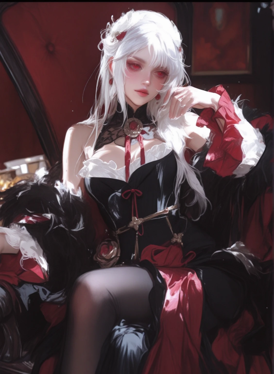 beauty,pride,Japanese vampire girl,Charming eyes,blush,magic horn,Revealing blood sucking teeth,Smile,Long hair flowing around the waist(silver),White sexy lingerie,Large Breasts,long legs,white thunder stockings,Half lying on the bed of noble beauty,Appearance,
