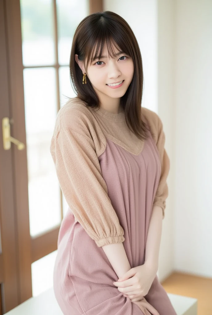 High resolution,In 8K,Highest quality,detailed,Semi-realistic anime,Anime 3D Style,Smooth anime CG,One Girl,19-year-old woman in Japan,slim,Modeled,Shiny brown hair,Medium Hair,detailedな顔,Beautiful and detailed,Glowing Skin,((White and big blue polka dot summer dress)),necklace,straggling hair,Angelic hairstyle,Small breasts,round and large eyes,((Laughter))