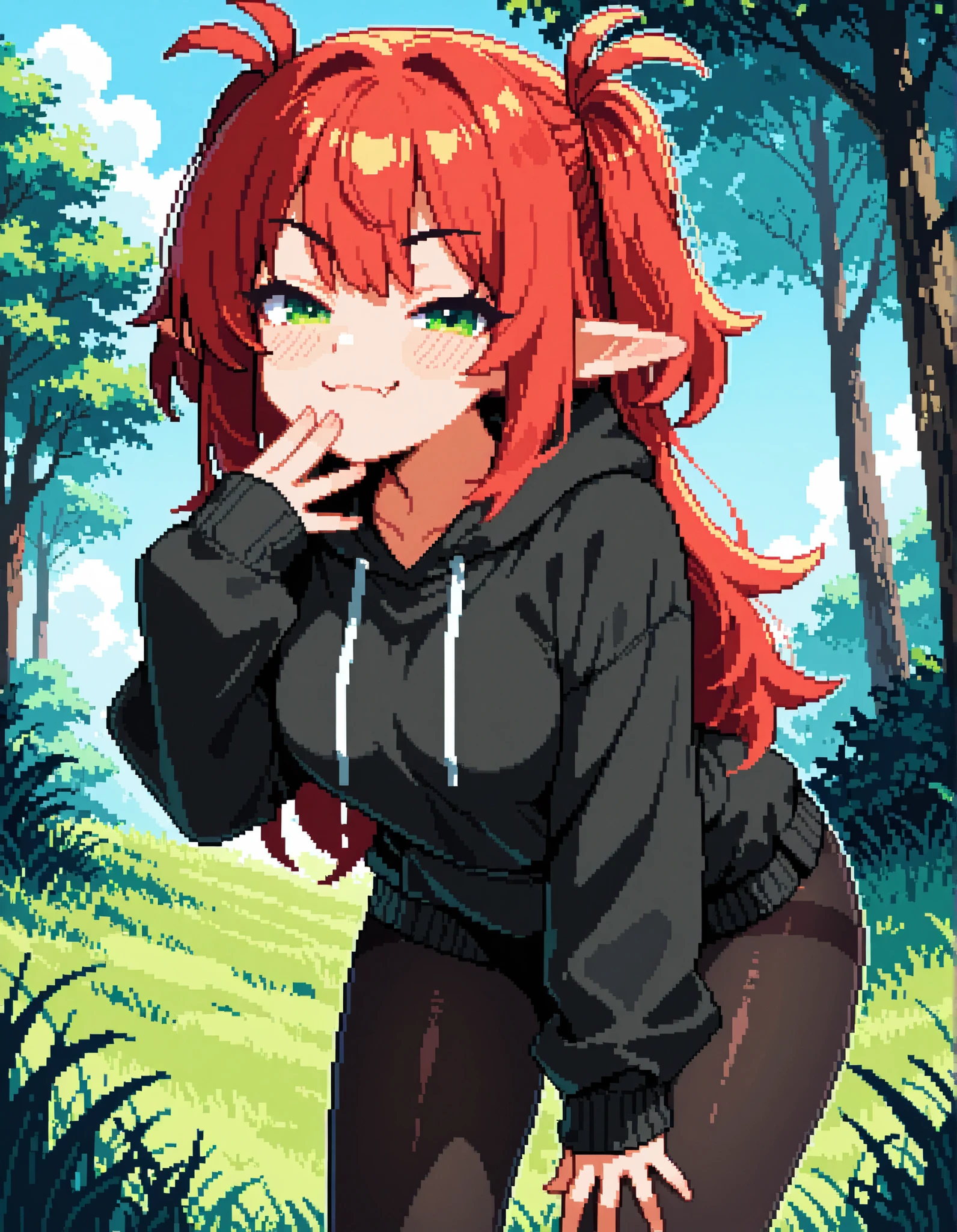 pixel_art, masterpiece, best quality, high resolution, absurdres, 1girl, pixstyle, red_hair, elf, pointy_ears, smug, green_eyes, two_side_up, medium_breasts, hand_on_own_mouth, fang, smug, looking_at_viewer, outdoors, trees, grass, day, sky, black_hoodie, sleeves_past_wrists, leaning_forward, black_pantyhose