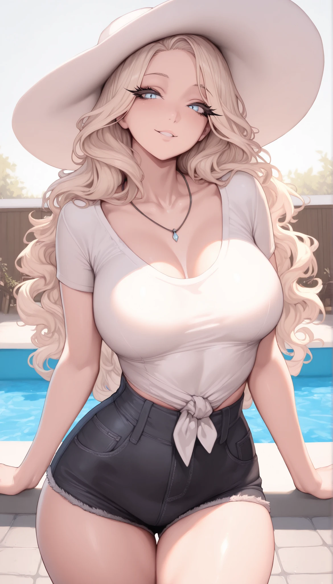 Blonde hair, cute smile, Big breasts, marked pussy ((Hera)) vestido blanco (brasier))