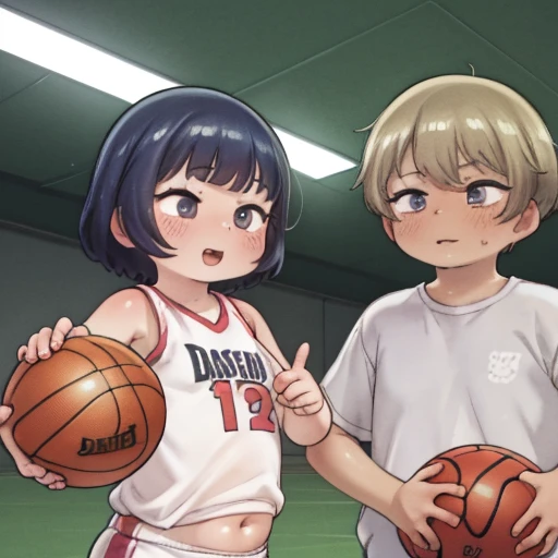 (a boy in a high basketball team uniform and a girl in a looking at the boy with a frown)