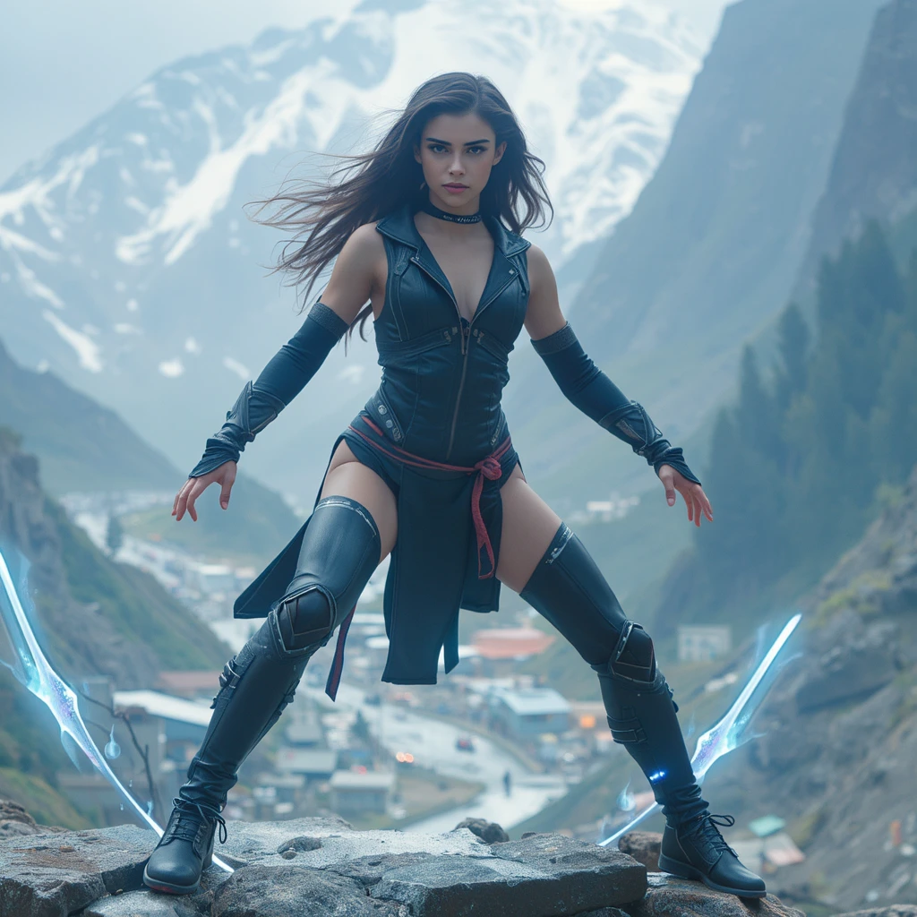 Generate Lara Croft climbing a treacherous, steep cliff with snow,full of life and danger at night in a highly detailed comic book style.add white crop top with midriff hoodie with white fur, really short and tight shorts with mid thighs boots with white fur. add realistic snow effects, aurora borealis. Vertigo effects 