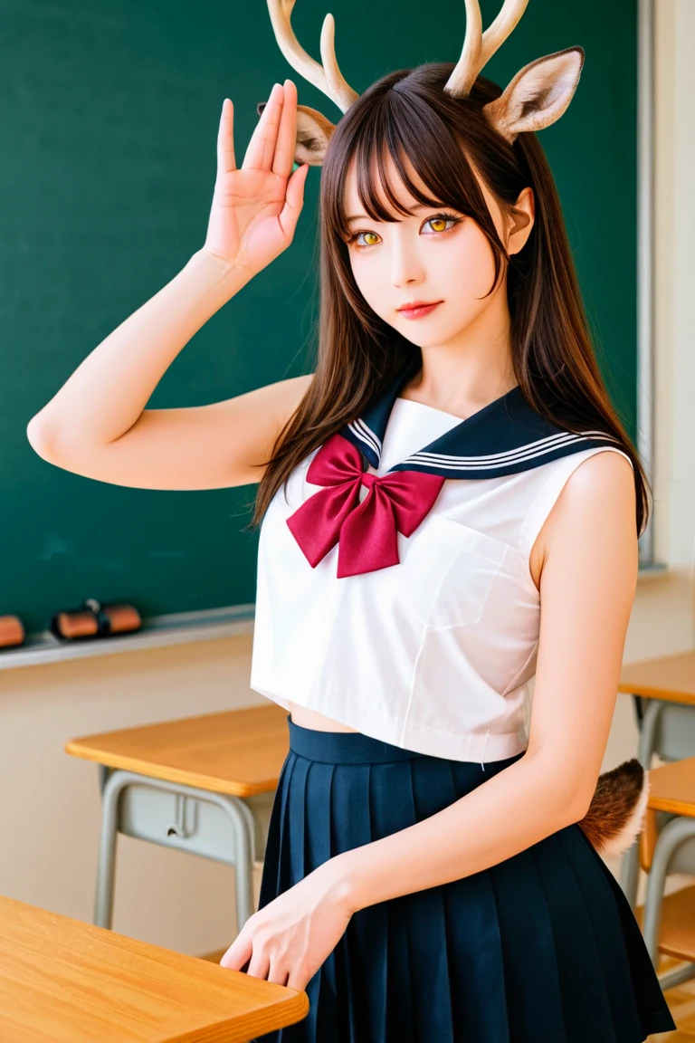 (8k, RAW photo, photorealistic:1.25) ,( lipgloss, eyelashes, gloss-face, glossy skin, best quality, ultra highres, depth of field, chromatic aberration, caustics, Broad lighting, natural shading,Kpop idol) looking at viewer with a serene and goddess-like happiness, highschool classroom, sailor uniform, mini skirt