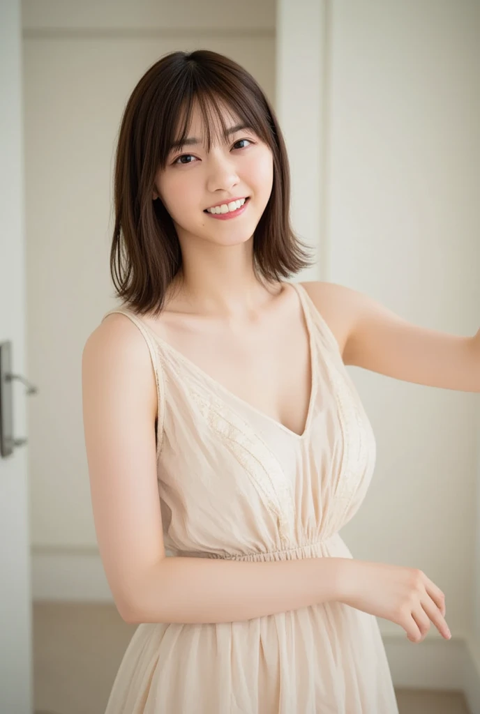 Wearing a nightgown、⦅Colossal tits:1.2⦆,⦅Skin revealing⦆、absolutely outstanding image, very extremely beautiful、masterpiece, top-quality,a picture, kawaii、8K、In bed、dark、Interior light、Bewitching lights、a smile