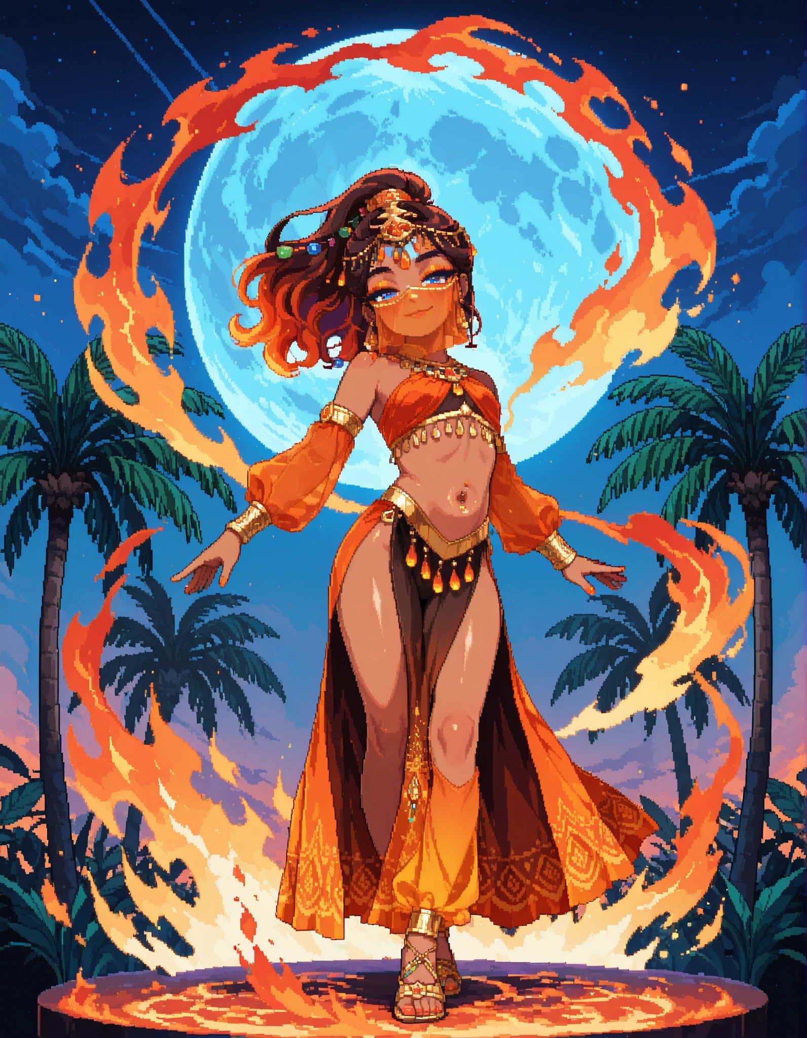 pixel_art, (official art, beautiful and aesthetic:1.2), (1girl), extreme detailed, colorful, (solo), full body, anime, petite arabian djinni woman, brown skin, sky-blue eyes, long bright orange magic hair of fire, jeweled ponytail with jeweled threads on hair, glowing orange lipstick, golden orange eyeshadow, coy head tilt, red and gold gradient bedlah of enchanted fire, detached sleeves, gold earrings, see-through red belly dancer face veil, gradient gold amber and teal eyeshadow, terracotta orange lipstick, sultry lidded eyes, sly smile, sensual hip swaying belly dancing pose, in the background a small blue oasis with palm trees under a full blue moon