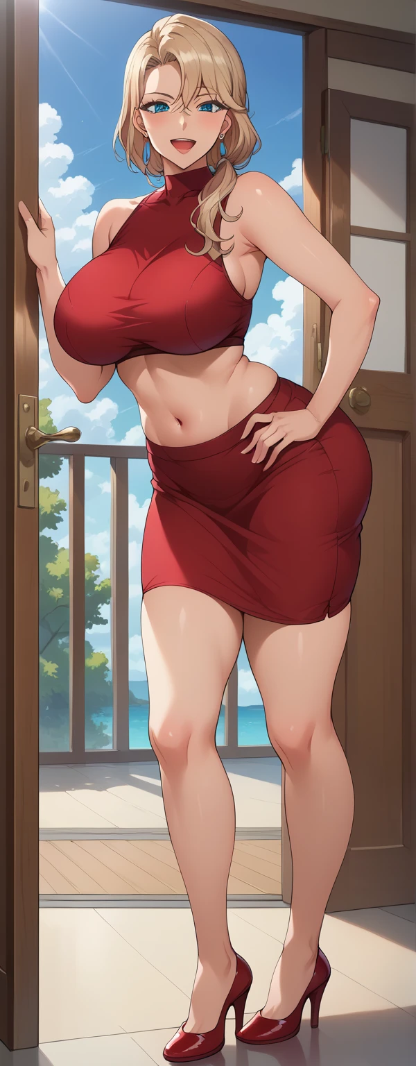 Anime girl, blue eyes, black short hair, muy voluptuosa, teen, medium breast, shy smile, wallpaper, cute red dress, strap, breasts bounce, desert island, coconut trees, house