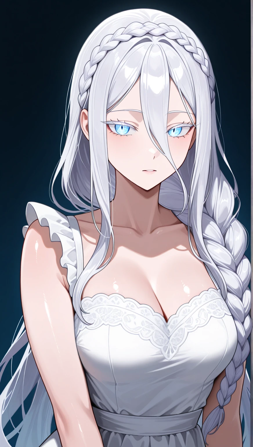Big , silver hair, blue eyes, black bra, cleavage, long hair, intrincate details, detailed, masterpiece, best quality, 4K, HDR, mountain, upperbody,