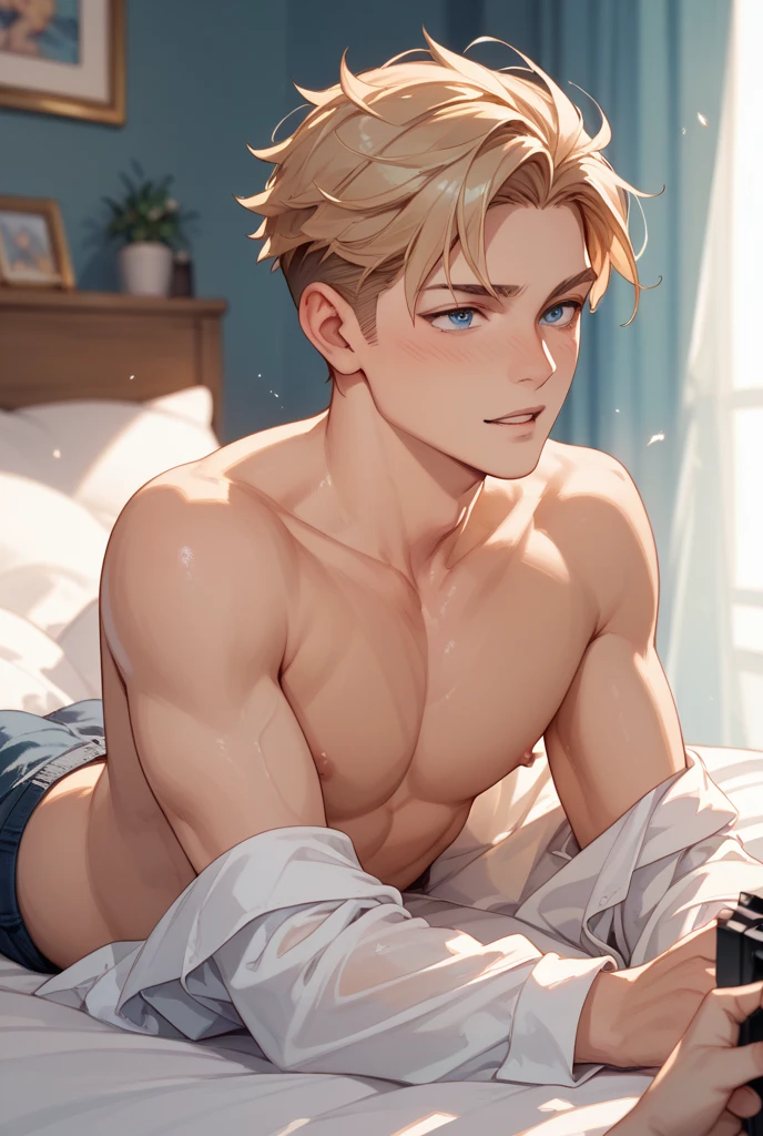 Male, athletic, tan skin, brown spiky hair, short pants, shirtless, in bed room, wear Jock strap, Semi Realistic, highly detailed, young, tall, detailed blue eyes