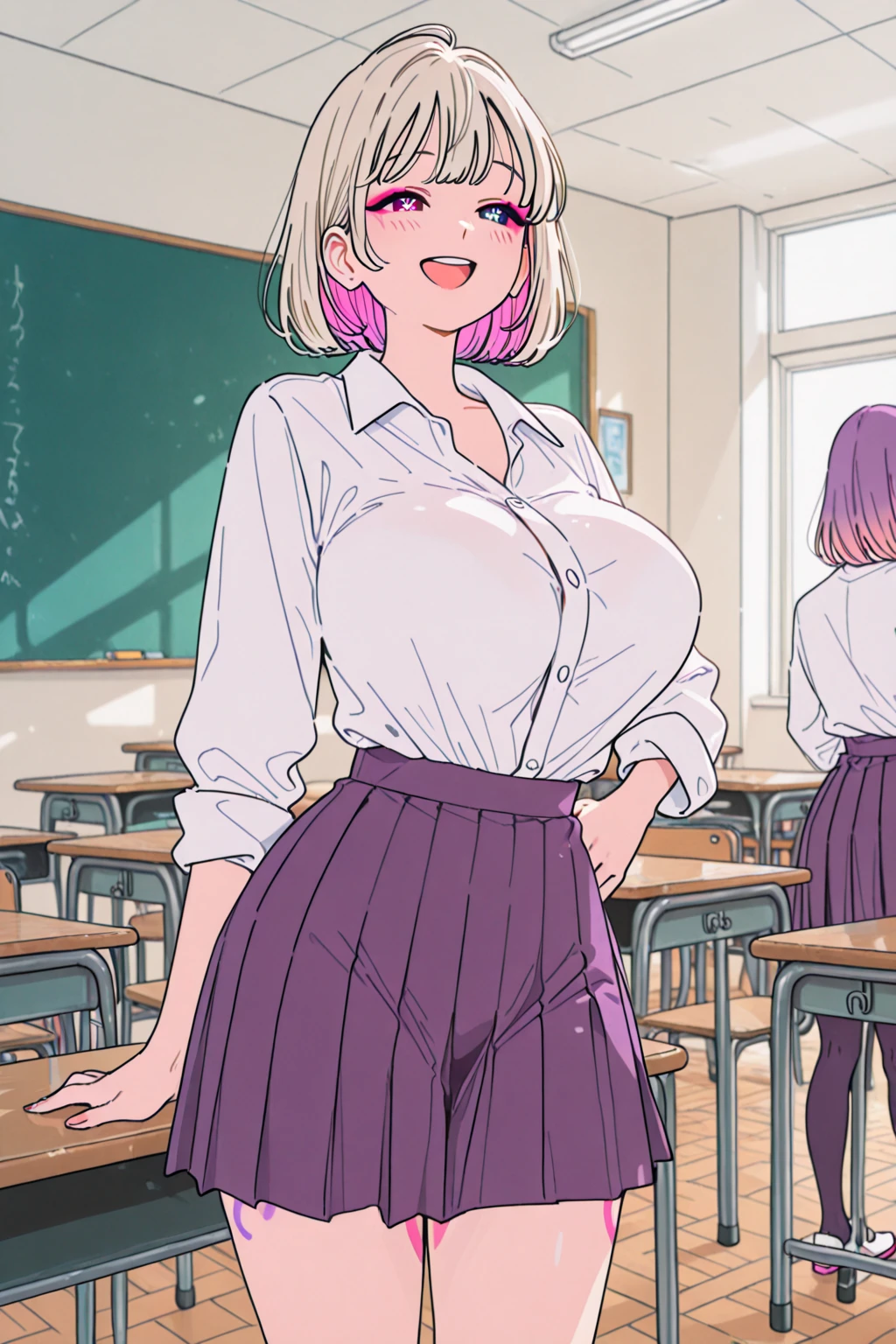 ((((kipteitei art)))), ((highres)),Masterpiece, high quality, best quality, beautiful, perfect lighting, detailed face, ultra cute face, ((1girl)), ((solo), very short hair, light pink hair, ((messy hair)), tomboy, red eyes, mean, cocky smile, smug, walking in school hallway, ((school uniform)), holding school bag, sweater tied around hip, 19 year old girl, medium breasts, cleavage, perky breasts, wide hips, thick thighs, dress shirt, green skirt,