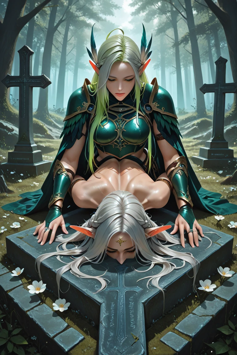 "high resolution, image of a dead elf lying on the ground of a battlefield. The elf has long, dark hair, tangled and dirty with blood and dirt. Your eyes are open, looking up at the sky with a blank and sad expression. Pale skin contrasts with his finely crafted armor., that is broken and covered in blood. A broken sword is embedded in his abdomen, the cause of his death evident. Around her, pieces of arrows, a fallen dagger, and bloodstains scattered. The ground is a mixture of dirt and grass, with battle marks all over. Ao fundo, shadows of destroyed trees and a dense fog that covers the battlefield."