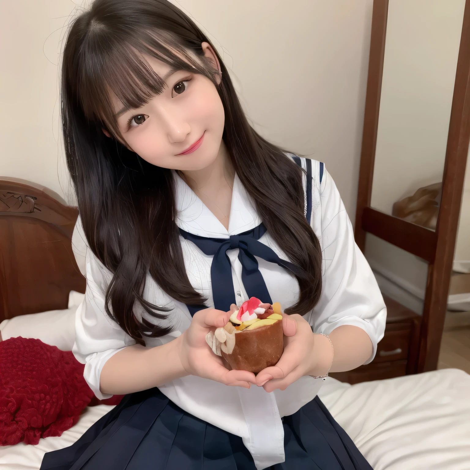 A cute girl wearing a Japanese schoolgirl sailor uniform. She is sitting on a bed in a cozy, plush-filled girl's bedroom. Her hands are lightly clasped in front of her mouth, as if holding something invisible. Her expression is dreamy and happy, with slightly parted lips, giving the impression she's about to take a bite of something delicious, though no food is shown. Dark hair, long hair, dark eyes.