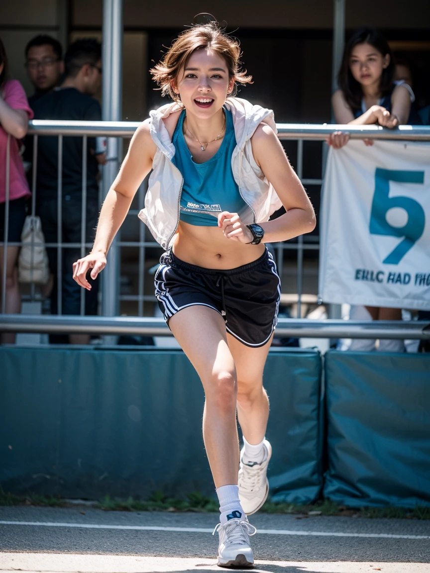 determined runner crossing the finish line of a marathon, sweat and effort evident on their face. The crowd cheers in the background, and a large banner overhead reads ‘Finish Strong.’ The runner’s expression is one of exhaustion mixed with sheer satisfaction, symbolizing perseverance and victory."
