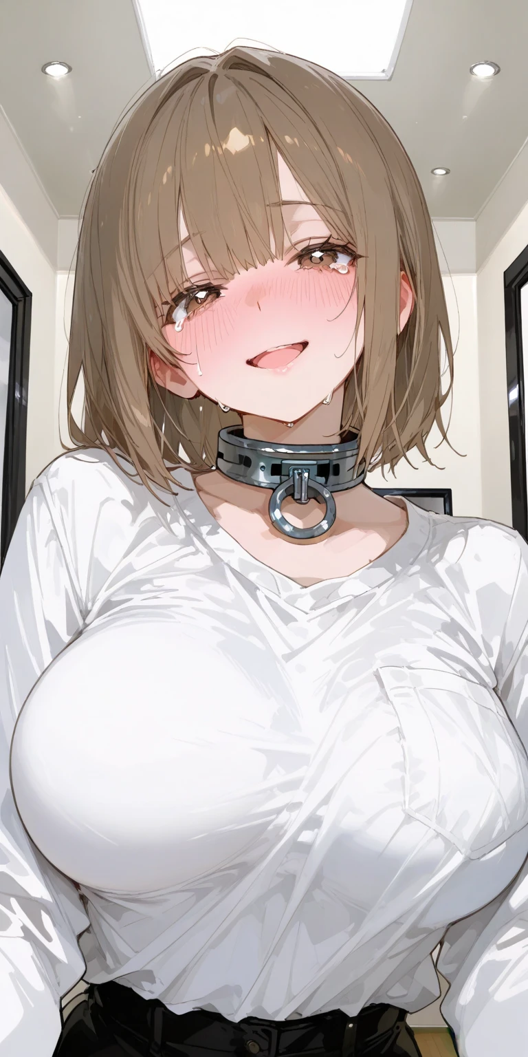 score_9, score_8_superior, score_7_superior, score_6_superior, score_5_superior, score_4_superior, sauce_anime, Tomboy, (Very short hair, Pixie Cut, Brown Hair), Circle Glass, cute, Perfect female body, Big Breasts, Cleavage, Firm stomach, Beautiful hands and feet, White shirt, black bra top, Distressed Jeans Shorts, She kneels beside the bed and gives a blowjob to Danse who is sitting on the bed., The man has her chained up, The chains are held by the an., The leash is attached to the collar., Leather Collar, padlock, Leather Leash, Obedient, Ecstatic expression, Sweat, Photorealistic:1.5, Realistic Face:1.5, Realistic eyes:1.2, Realistic Skin:1.9, Textured skin, Anatomically correct, Attention to detail, high quality, nsfw1.9, cum in mouth, cum on hair, cum on breasts, cum on body, cum on face,