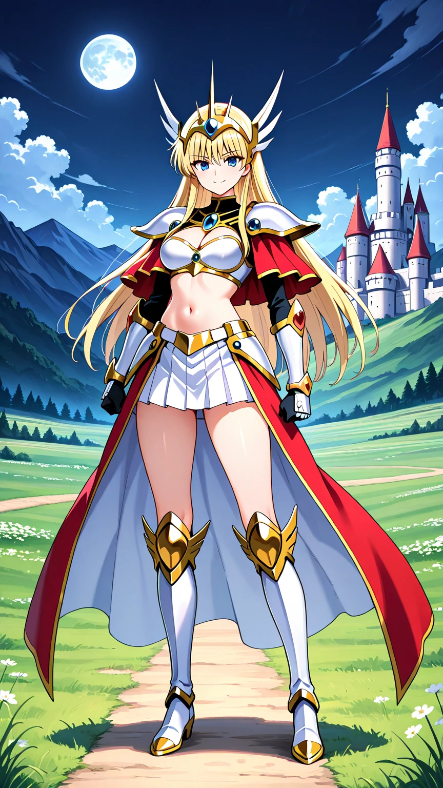 1girl, srw_leona_garstein, , ribbon, long hair, masterpiece, best quality, highly detailed, fantasy , a anime girls in armored dress holding a sword posing for a picture, evil smile, smile, breastplate with open cleavage, cleavage, warrior outfit, ecchi anime style, anime girls, ecchi style, ecchi, digital anime art!!, in anime style, official artwork, visual novel cg, beautiful anime girl, anime style 4 k , loincloth, exposed belly, exposed navel, exposed midriff, exposed lower belly, pencil skirt armored, castle,inside castle,