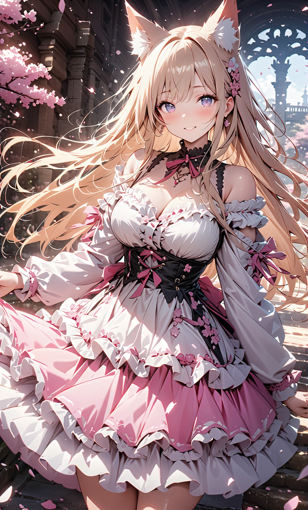 masterpiece、Concept Art、(Very detailed)、 (((masterpiece、top quality、))) 、1 、amazing cherry blossom blizzard background、Multiple cherry trees、( fox ears、off shoulder、platinum blonde、long hair、Ruffle Skirt)、( やわらかなSmile )、 、 dreamy 、 Spectacular Pictures 、Smile、 light/dark method、Lens Flare、(Very detailed )