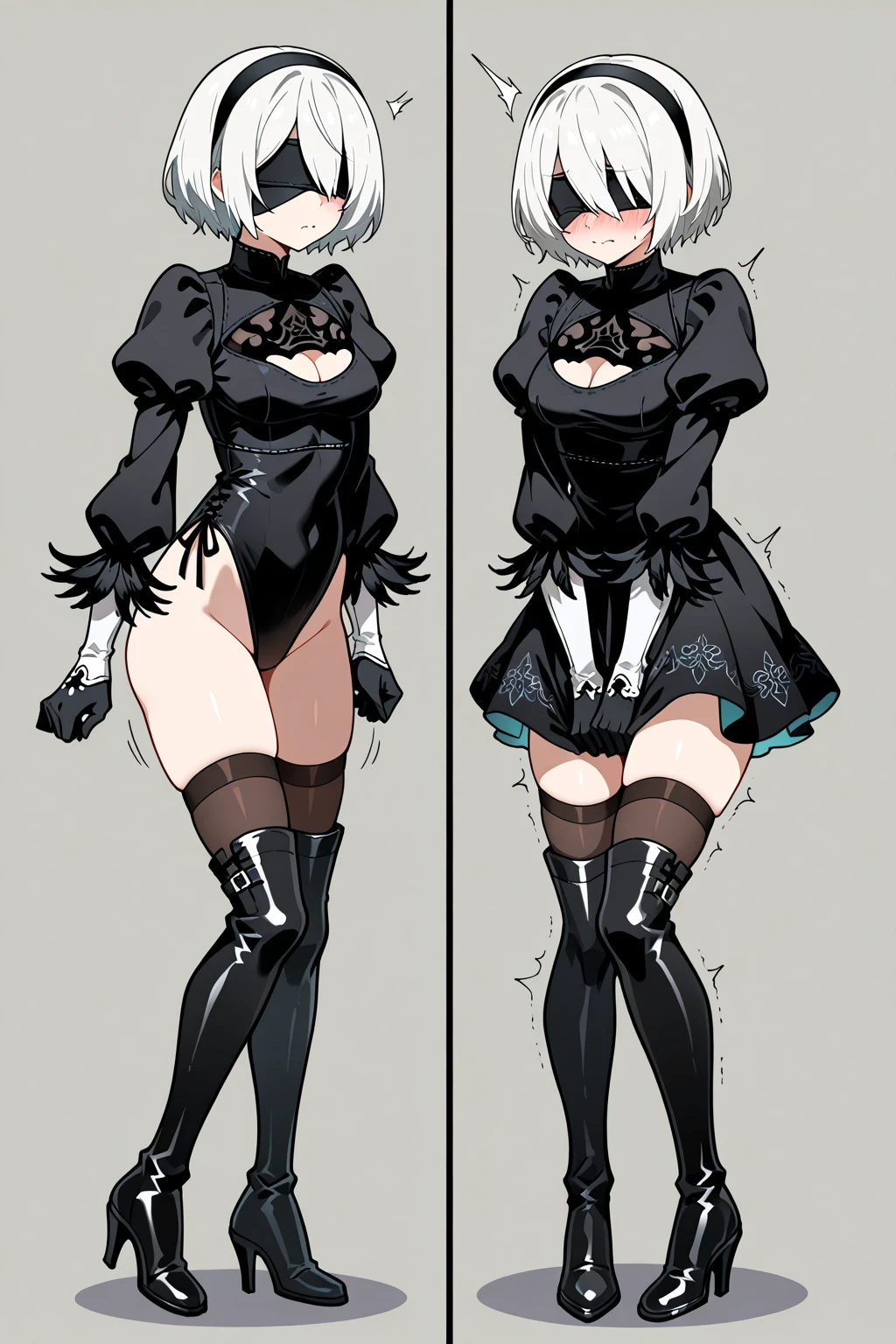 small anime girl, detailed image, full body, 2B hair style and color, big breasts, cleavage, bikini clothing, cute pose, cute expression