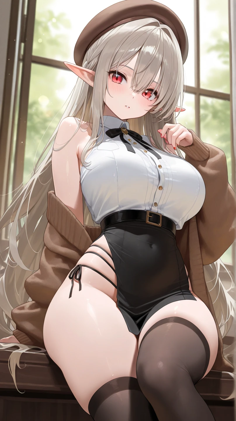 (((masterpiece, best quality, absurdities)))), 1girl,solo, young Brazilian woman (19 years old, natural and long black hair (length up to hip height)) in a Japanese school uniform(( white blouse
Short buttons, white thong panties with garter, stocking skin color(beige)))), huge sfw, oppai proportions, huge breasts, beautiful girl,resplendent smile