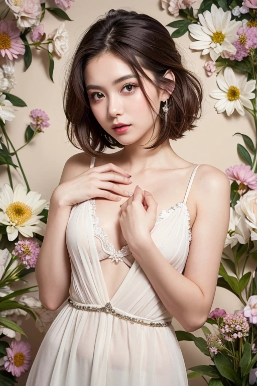 Beautiful elderly woman, cute,sexy,55 years old,,sexy, old woman, Galmour model, posing with a bunch of flowers,  sniffing flowers, Big saggy  Breasts, Completely nude, pubic hair, Curly Hair bunches like a school girl, loop earrings, hair bunches, cute hair, rosey cheeks,  arms straight up, plain grey background