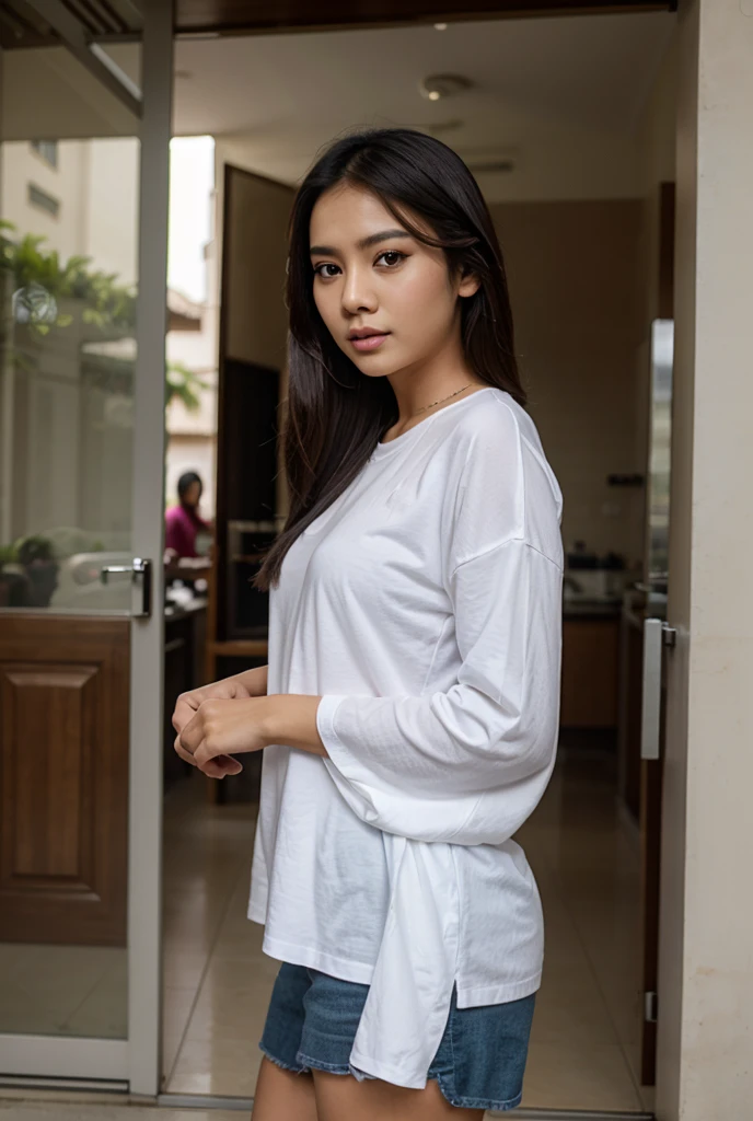 Babe, Chinese-Arabian, full-body shot, 22 year old, Wear Plain-White-Tees, ultra detailed eye, (focus eye look), black-brown hair, gorgeous hairstyle, ultra detailed face, ultra-detailed skin texture, White skin,