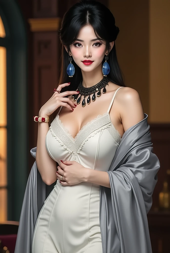 1girl, wearing burmese patterned traditional dress, detailed face, white royal dress, delicate pearl necklace, traditional hair style, water jar, cup on tray on table, best composition, cinematic light, sharp focus, masterpiece, inside the secondhand store, old furniture, used item, display cabinet, (magical baubles), intricate artifact, fantasy setting, bohemian style room, victorian style room, art nouveau, (full body:0.8), huge breasts, (sagging breasts:1.2),