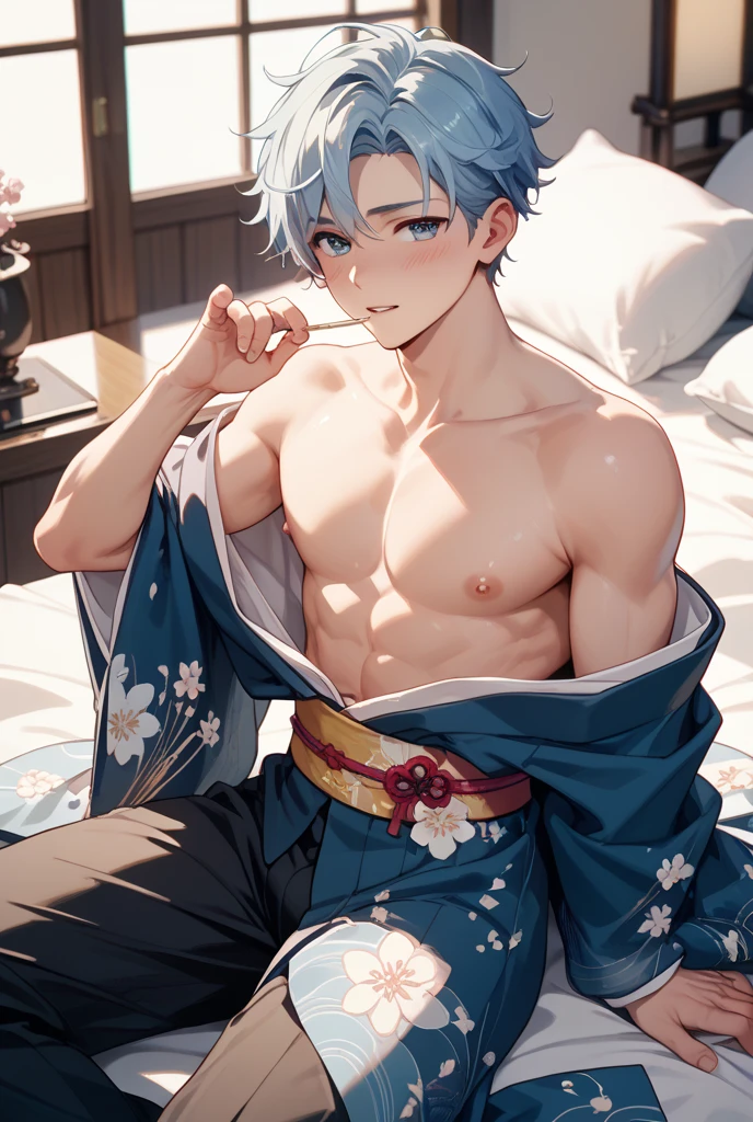 1 male, Japanese male model, high resolution 4k, adult, handsome, perfect face detail, detailed eyes and face, clean shaved, sixpack, white eyebrow hair, white eyelashes, Naked torso, Detailed face, perfect face, dynamic lighting, Real skin texture, ((Perfect hand details)), ((Real and complete hand details)), unreal engine, hd picture, satoru gojo, Jujutsu kaisen, white hair, short hair ,hair between eyes ,blue eyes, white skin, Kimono male,