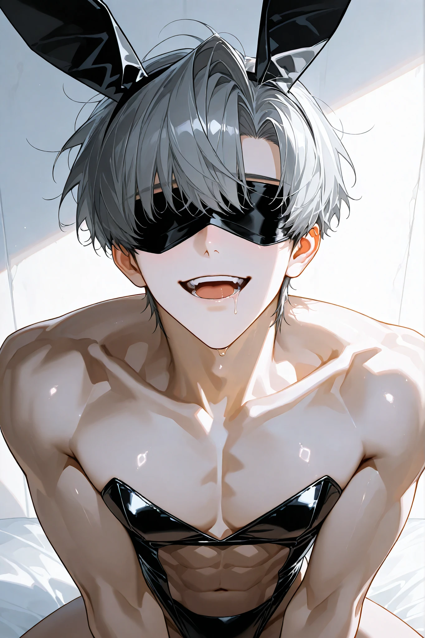 4K , 8k , only 1 man, dark gray single hair intake , dark gray_eyes, ((Bangs style)) , short hair, 25 years old , adult,  good focus , bright skin ,body proportions , Anime Eyes ,  Nice body , playboy_bunny, Black blindfold,  male solo image , No Gems ,  a little smile ，tall, masterpiece, best quality, Detailed Eyes ,looking at viewer, upper body, white wall,  , sexy, cool, Open mouth, drooling, kneeling, gasping, spread_legs, dark gray hair, I can see all my abs,squatting