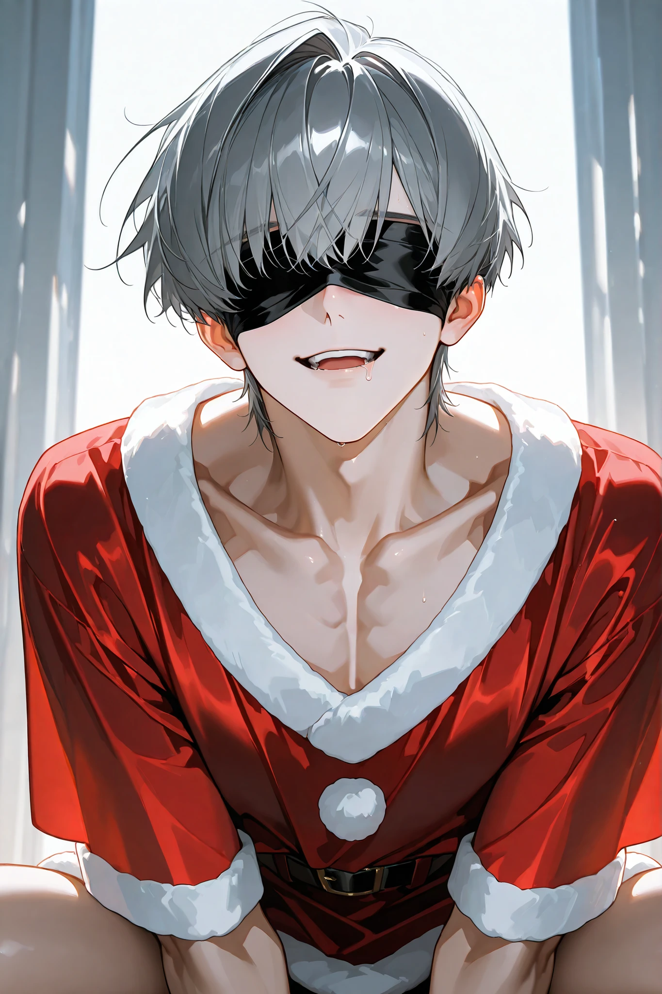 Gojo Satoru from Jujutsu Kaisen 1,spiky white hair, cocky smile and with his blindfold around his eyes , with spiky white hairand cocky smile, lying on a bed half naked