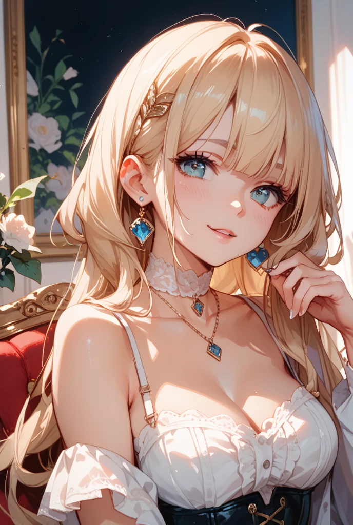 //Character 1girl, my intimate princess , slim and soft, medium large breast, ultra detailed face, innocent, round face, thin eyeblow, sparkly pupils, translucent skin, extra long hair, blonde hair, curly hair,side swept bangs with a bun,
BREAK
//Fashion Her outfit is celebration of the anniversary, it connsists pale pink evening dress, gold tiara, full length skirt is fluffy and delicate pattern, chiffon veil, delicate high heel , holding cocktail glass with cherry,
BREAK
//LOCATION
at a ballroom,
BREAK
// behaviorgrinning , smiling full of compassion, close up