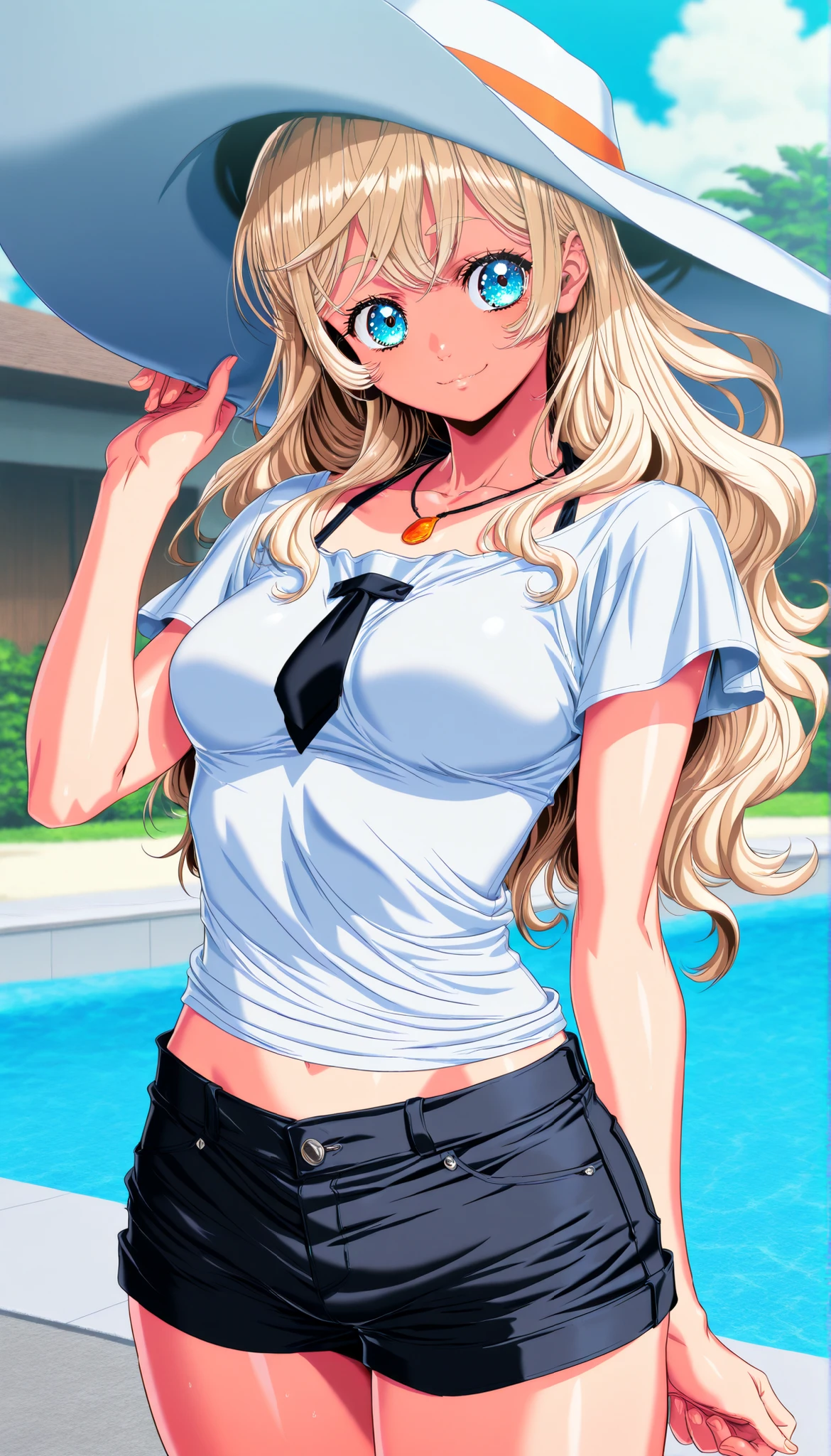 Wet t shirt, water dripping, reflection, ripples, blonde hair, smiling, seductive, long hair, jean shorts, breasts showing through shirt, backyard, skinny, thin, pool, cleavage, white t shirt transparent, cleavage, medium breasts, black lingerie
