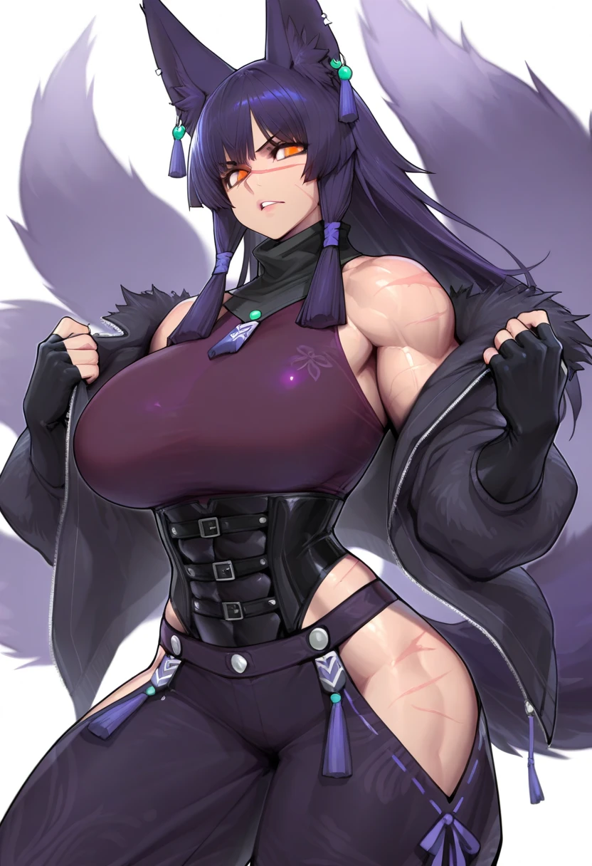 ((((covering eyes pose)))), ((((Huge breasts,  Tight waist)))), ((((blush)))), ((((Sweat)))), ((((vapor, Open your mouth)))), (((((Huge breasts))))), Revealing clothing, ((mash_kyrielight)),(((((dangerous_beast))))),(((purple fur bikini laced by black strings))),purple eyes,hair over one eyes,short bob,purple wolf ears,
Purple fur collar,Purple fur-trimmed elbow gloves,Purple fur-trimmed legwear,Purple fur on side of waist,
Purple wolf tail,((black strings lace up her body)), (((best quality))), ((ultra-detailed)), ((illustration)),
