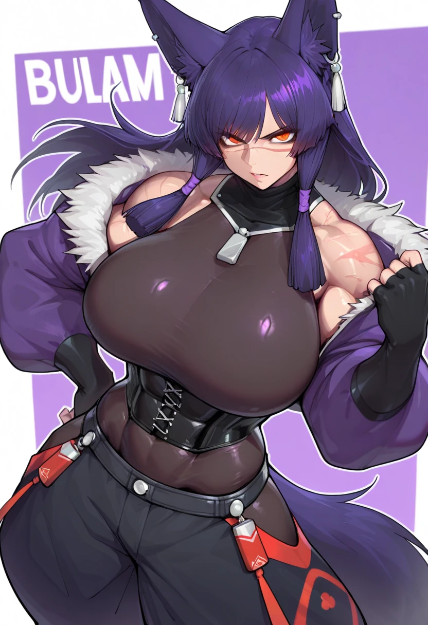 SFW, ((black grey skin Drow)), (gigantic breasts), firm breasts , tall girl, slim waist, curvy figure, arms behind back, (((purple_hair, long_pigtails))), ((red_eyes)), ((apron, sideboob))