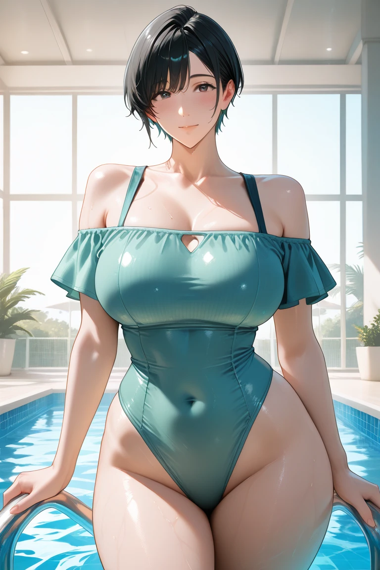 score_9_up, score_8_up, score_7_up, 1girl, solo, mature female, Maki, green ponytail hair, yellow eyes, glasses, red lips, parted lips, fit slim body, perfect medium erected breast,(((highly detailed eyes))), (((dark blue evening dress with plunging neckline, golden earrings, golden rings, black choker with shining rhinestones))), (((white modern villa with panoramic windows, pool, sunset))), outdoors, looking at the viewer, perfect model body, (((pulled up her dress and showing her leopard thong under her dress))), (((from behind)))(((ass look)))